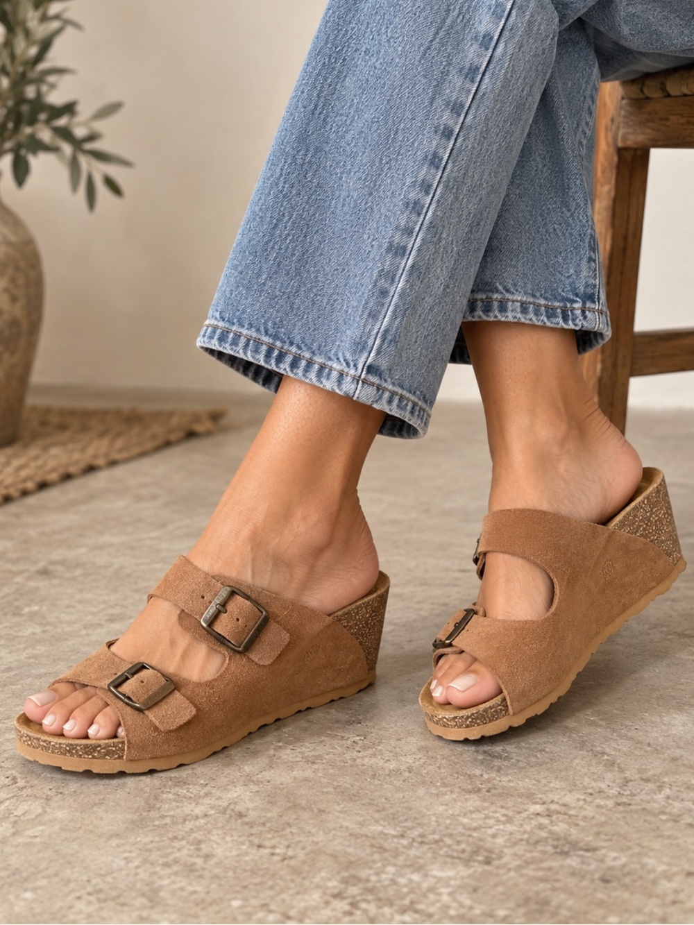 Yokono Suede Double-Buckle Wedge Slide Sandals